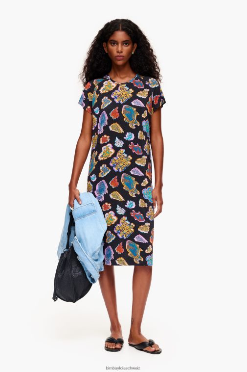 Bimba Y Lola Kurzes Fisch-Meerkleid Schwarz Kleidung T04ZZ173
