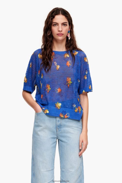 Bimba Y Lola Leinenpullover mit Sprayblumen-Print Blau Kleidung T04ZZ390