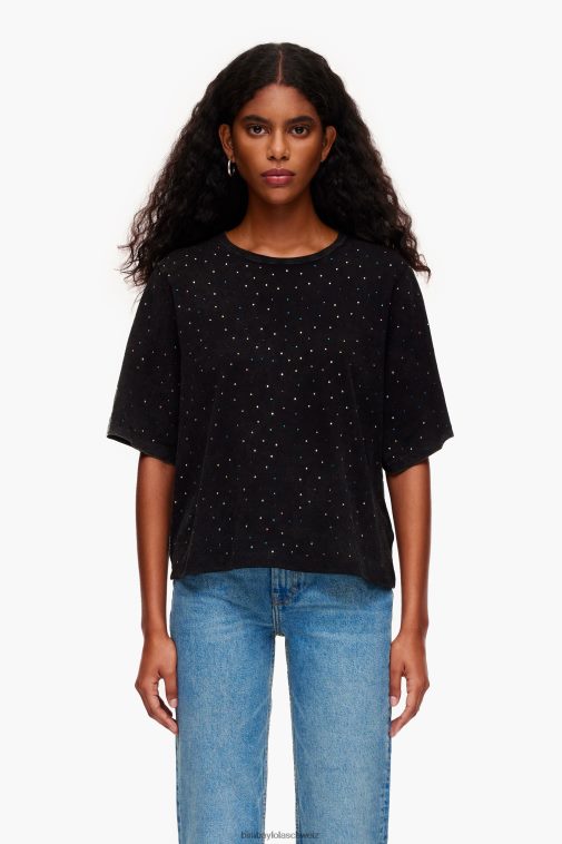 Bimba Y Lola Mehrfarbiges, kastenförmiges T-Shirt mit Steinen Schwarz Kleidung T04ZZ296