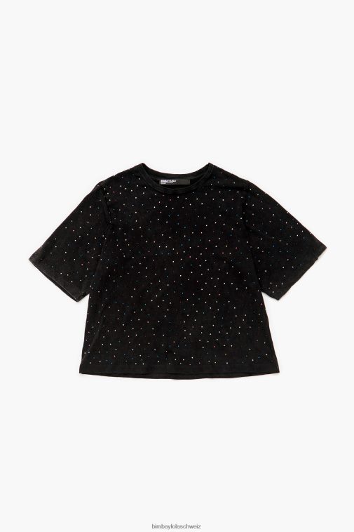 Bimba Y Lola Mehrfarbiges, kastenförmiges T-Shirt mit Steinen Schwarz Kleidung T04ZZ296