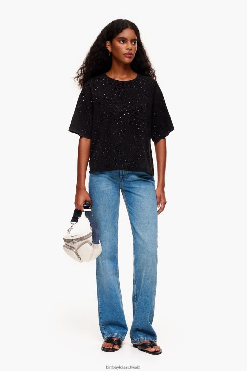 Bimba Y Lola Mehrfarbiges, kastenförmiges T-Shirt mit Steinen Schwarz Kleidung T04ZZ296