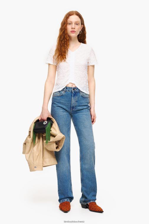 Bimba Y Lola Strukturiertes, gerafftes T-Shirt Elfenbein Kleidung T04ZZ267