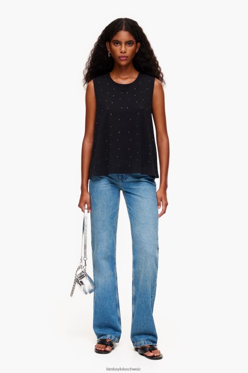 Bimba Y Lola T-Shirt mit mehrfarbigen Steinen Schwarz Kleidung T04ZZ297